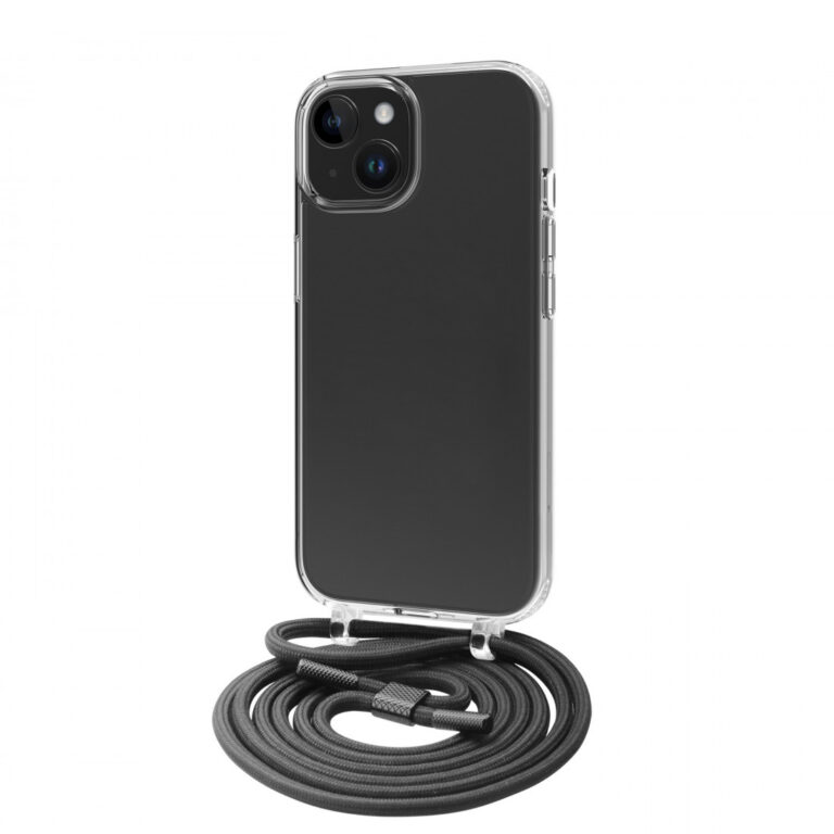 Funda Muvit recycletek para Apple iPhone 15 transparente con colgante negro