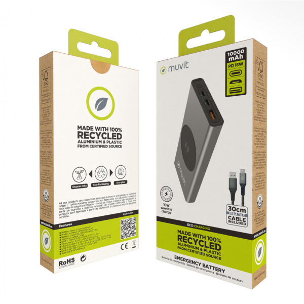 Power Bank Muvit 10000 mAh/10 W Inalámbrico+Salida USB A+Tipo C Metalica Gris - Imagen 4