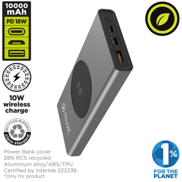 Power Bank Muvit 10000 mAh/10 W Inalámbrico+Salida USB A+Tipo C Metalica Gris - Imagen 2
