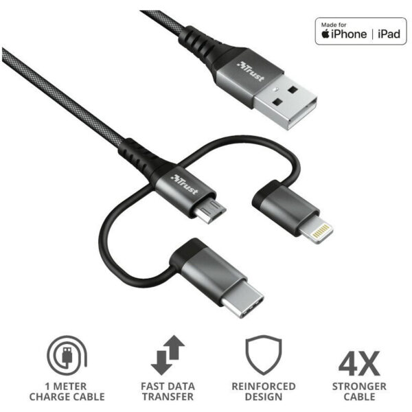 Cable Trust Keyla 3 en 1 USB-C, Lightning y Micro-USB a USB Negro 1 m - Imagen 4