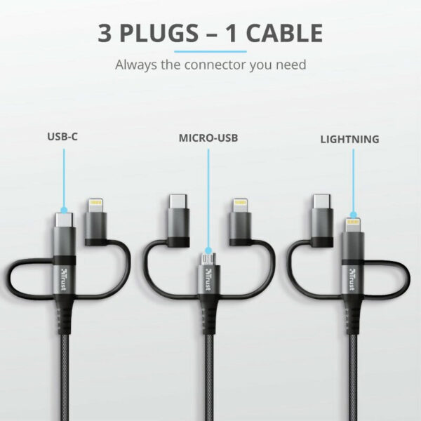 Cable Trust Keyla 3 en 1 USB-C, Lightning y Micro-USB a USB Negro 1 m - Imagen 2