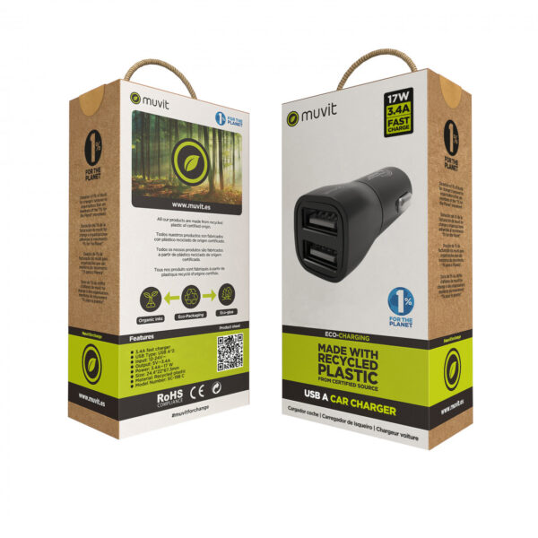 Cargador coche Muvit for Change 2 USB 3,4A/18W negro (NUEVO) - Imagen 3