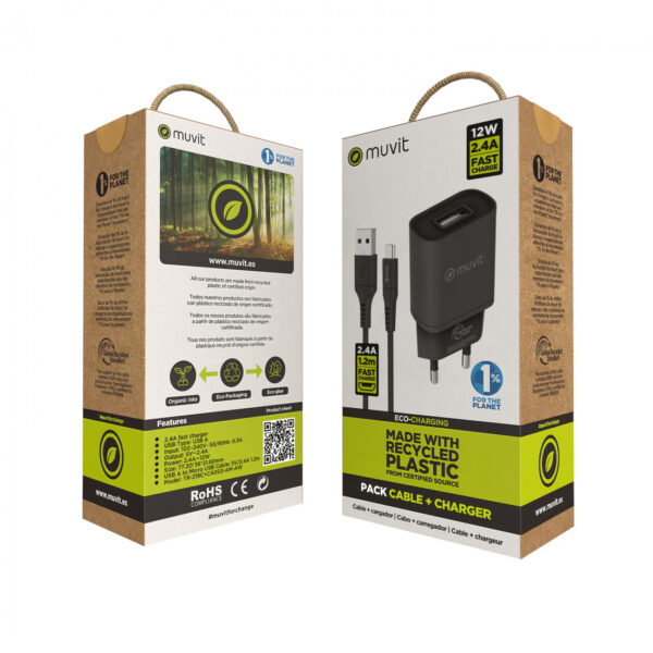 Pack Muvit for Change cargador pared USB 2.4A 12W+cable Micro USB 2.4A 1,2m - Imagen 3