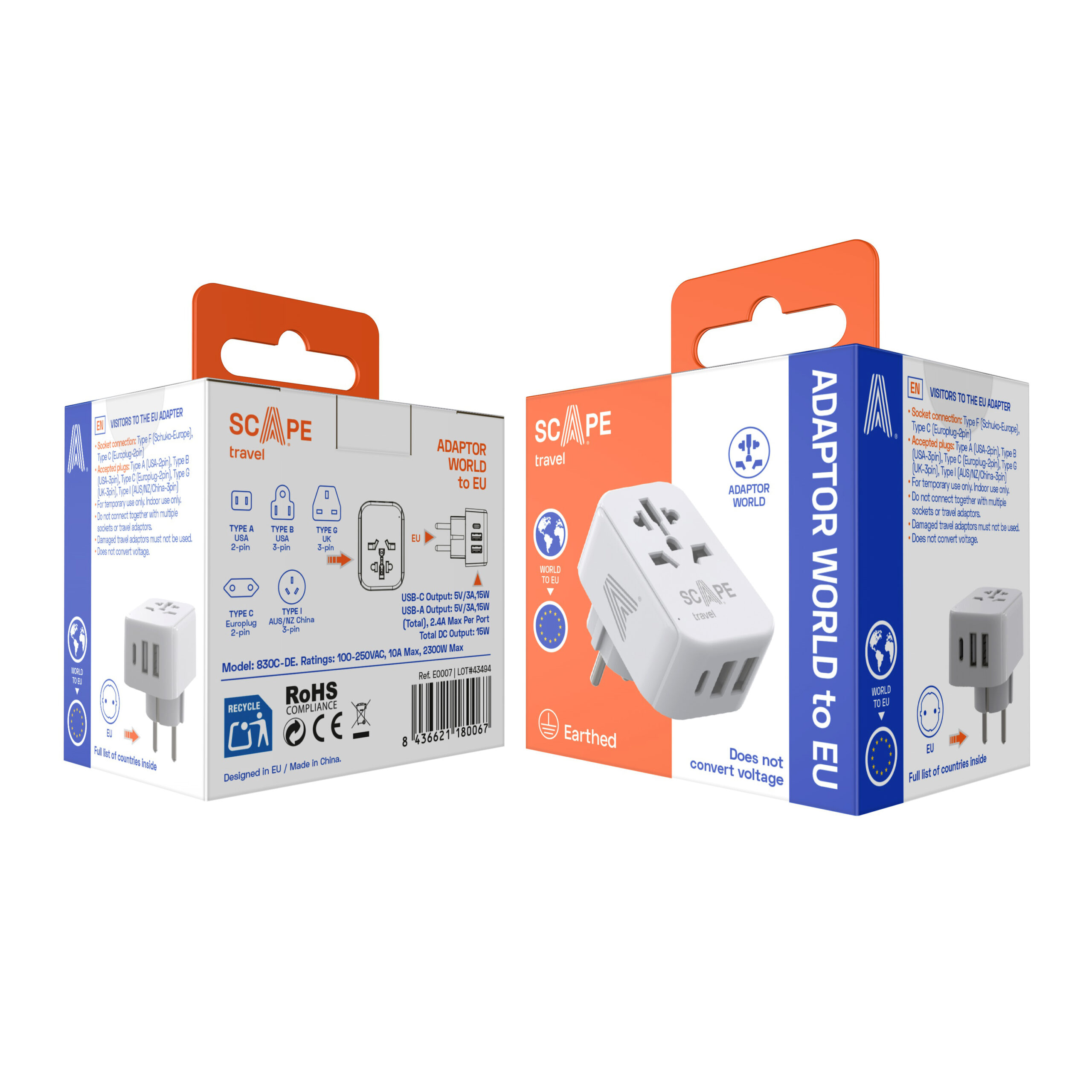 Scape Travel Adaptador de viaje Internacional a Schuko con 1 USB-C + 2 USB-A 15W - Imagen 5