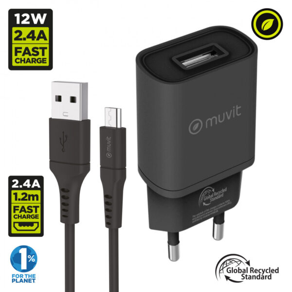 Pack Muvit for Change cargador pared USB 2.4A 12W+cable Micro USB 2.4A 1,2m - Imagen 2