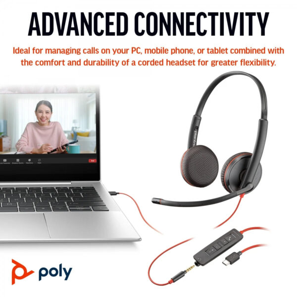 Auriculares estéreo Poly Blackwire 3225 + conector de 3,5 mm + adaptador USB-C/A - Imagen 2