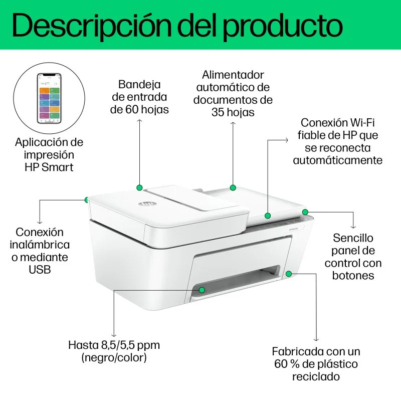 Impresora HP DeskJet 4220e Multifunción Color WiFi Blanca **Tapa rota** - Imagen 6