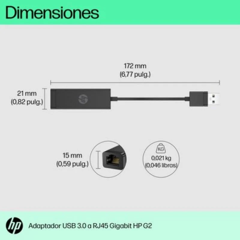 Adaptador HP USB 3.0 a RJ45 G2 Gigabit 1000 Mbps Negro Wake On LAN PXE - Imagen 3