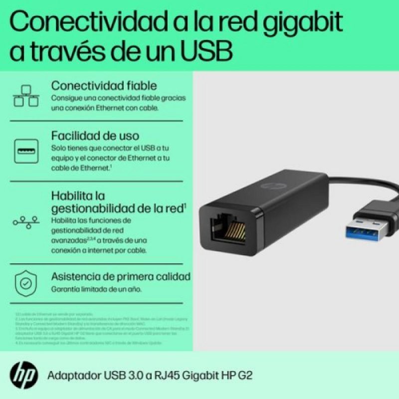 Adaptador HP USB 3.0 a RJ45 G2 Gigabit 1000 Mbps Negro Wake On LAN PXE - Imagen 2