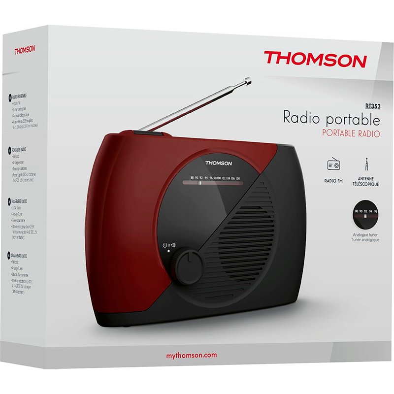 Radio Portátil Analógica FM Thomson RT353 Negra/Roja (NUEVA) - Imagen 2