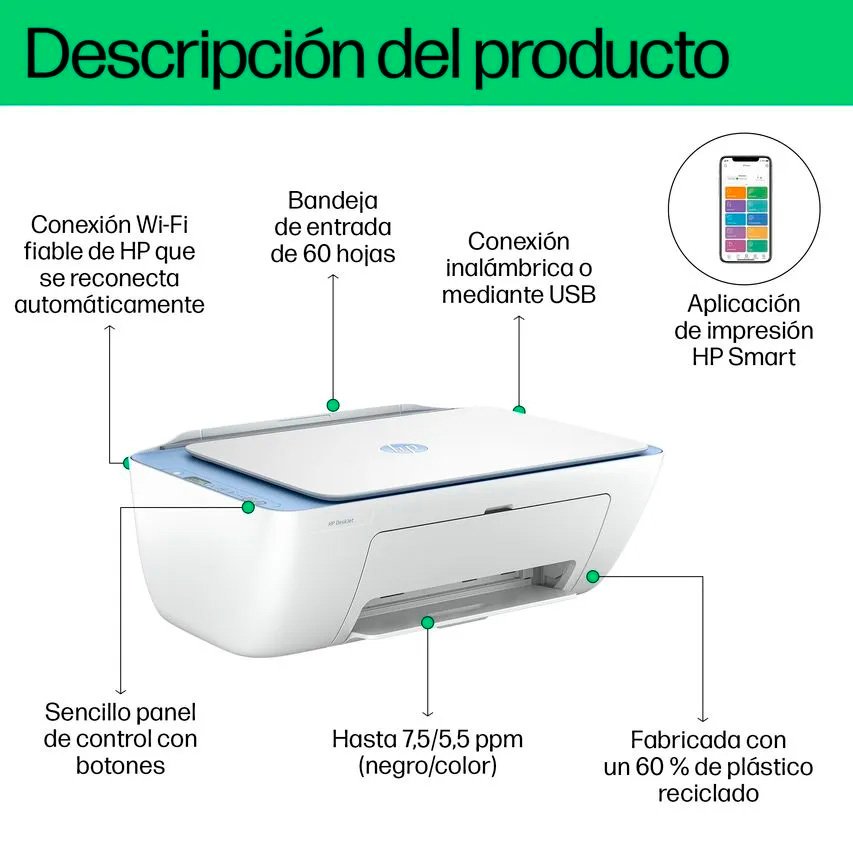 Impresora multifunción HP Deskjet 2822e Color WiFi Azul (NUEVA) - Imagen 2