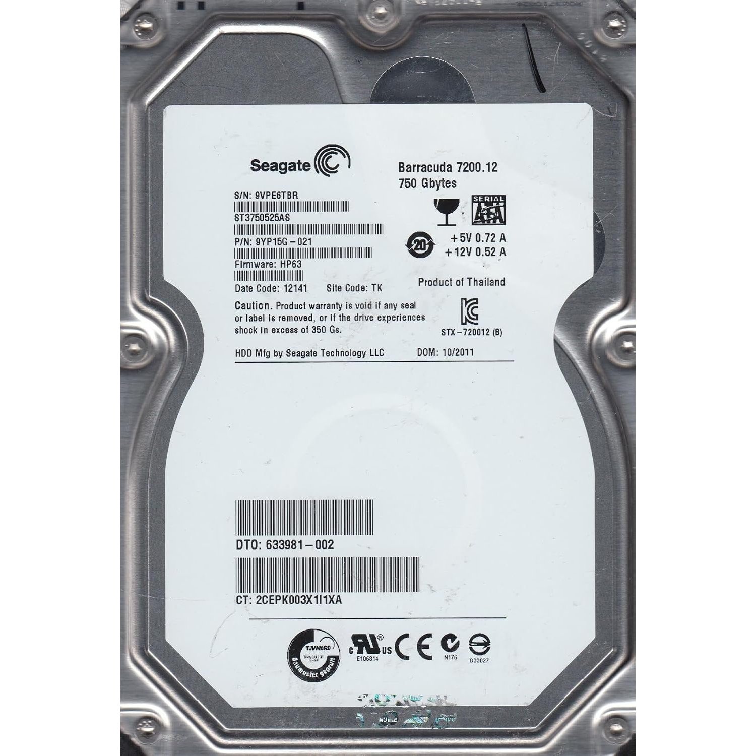 Disco Duro Seagate Barracuda 750GB SATA 3,5" 7200RPM ST3750525AS Usado